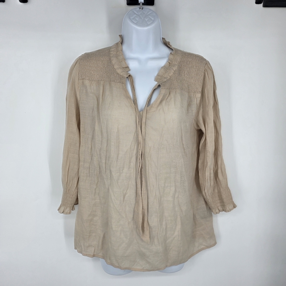 Harve Benard Blouse Top Women's Large Beige Linen Rayon